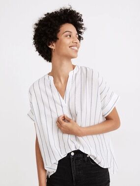 Madewell Lakeline Popover Shirt Blouse White Dobby Stripe 100% Cotton Size XL